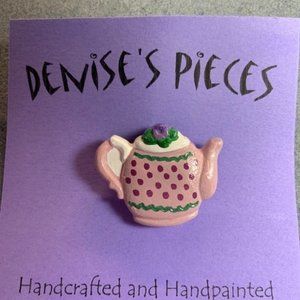 Tea Pot Pin Brooch Mauve Green Purple Dots Flower Plaster Handmade Hand Painted